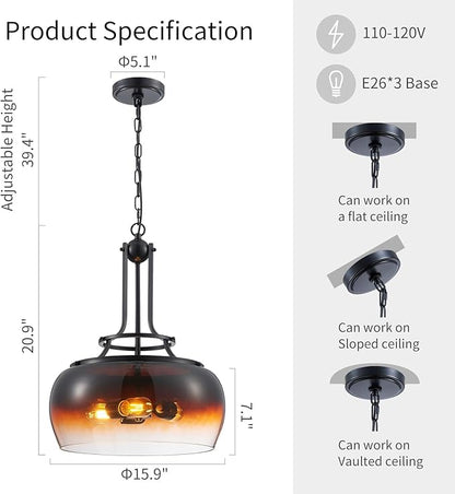 WUZUPS Chandelier Rustic Farmhouse Industrial Round Ceiling Pendant LED Light Fixture with Amber Gradient Black Glass Shade for Dining Room Kitchen Island Foyer Entryway, H 20.9" W 15.9", E26 Base