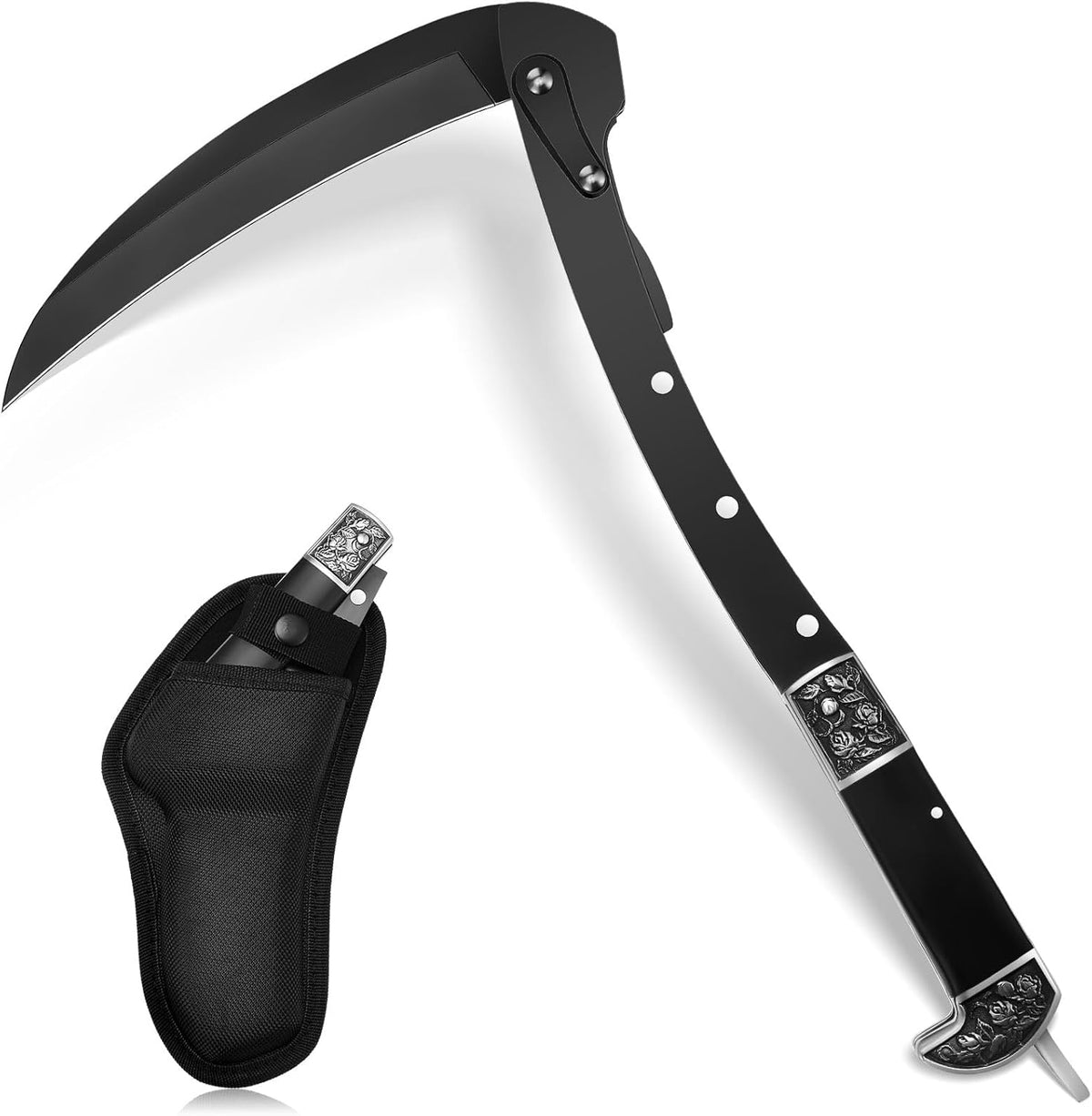WILLBOND Black Sharp Folding Sickle Garden Tool Portable Safety Grass Hand Sickle Knife with Sheath Wooden Handle 2 Sections for Gardening Farming Lawn Grass Weeds Hand Tools