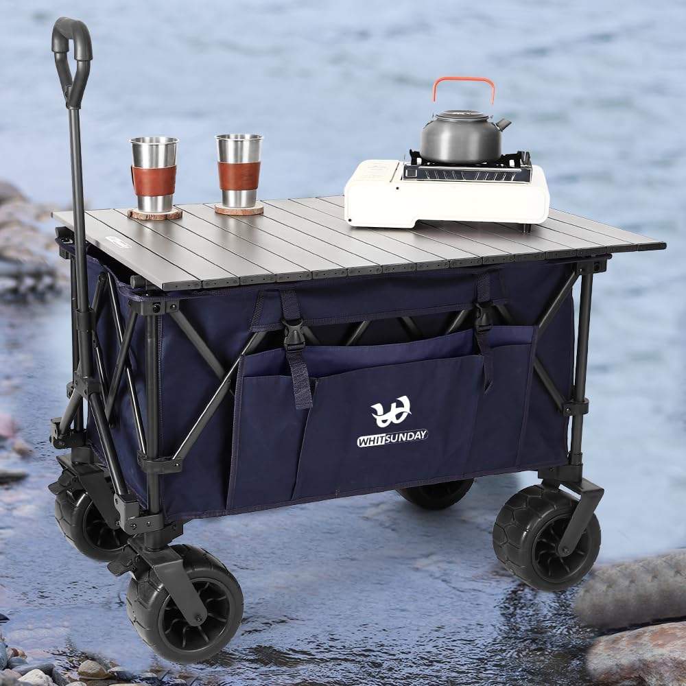 Whitsunday Collasible Wagon, Large Capacity 400Lbs, All-Terrain Wheels Heavy Duty Utility Wagon for Gardening Shopping Fishing Camping Outdoor Picnic Blue