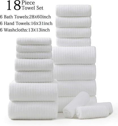 18 Piece Family Bath Towel Set Include 6 Bath Towels,6 Hand Towels and 6 Washcloths Soft Bathroom Towel with Hanging Loops,Highly Absorbent Quick Dry Towels Set for Bathroom,Hotel and Spa-White