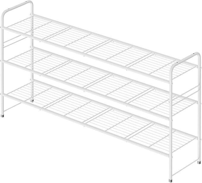 3 Tier Shoe Rack for Closet, 46.5 Inch Extra Long Shoe Storage Organizer for Shelves, Heavy Duty Metal, Easy Assembly, White