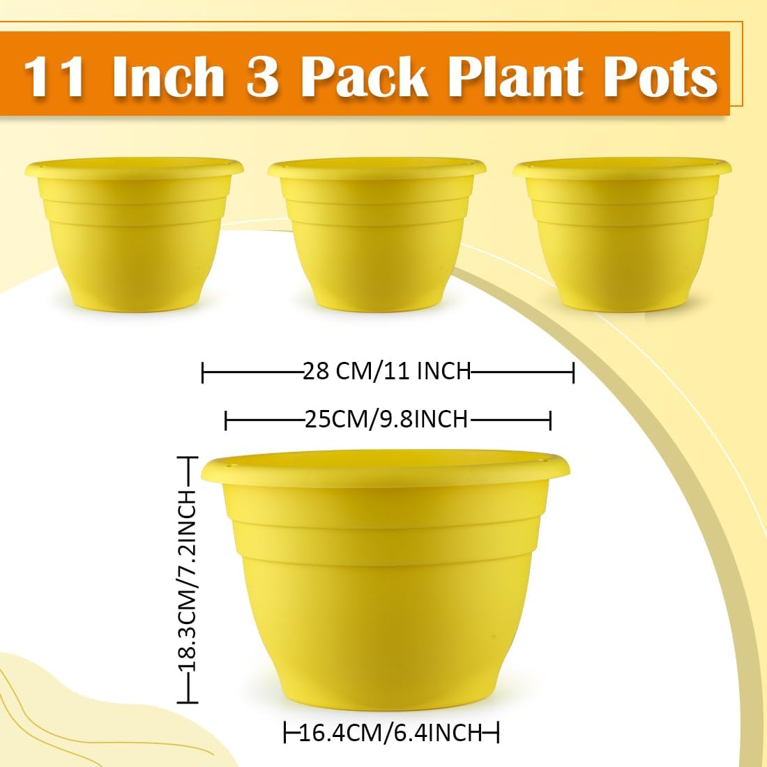 3 Pack 11 Inch Plant Pots with Drainage Hole and Plug, Durable Plastic Flower Pots for Indoor & Outdoor Plants, Elegant Mordern Plant Pots Perfect for Herbs, Flowers & Succulents, Yellow