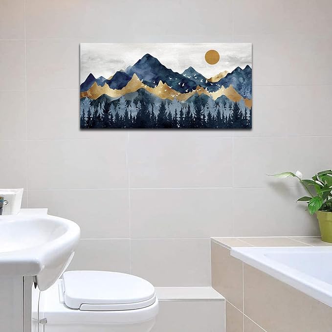 Abstract Nordic Canvas Wall Art - Indigo Blue and Brown Mountain Forest Picture Wall Decor Sun Birds Canvas Painting Nature Landscape Prints Artwork for Living Room Bedroom Decoration 20" x 40"