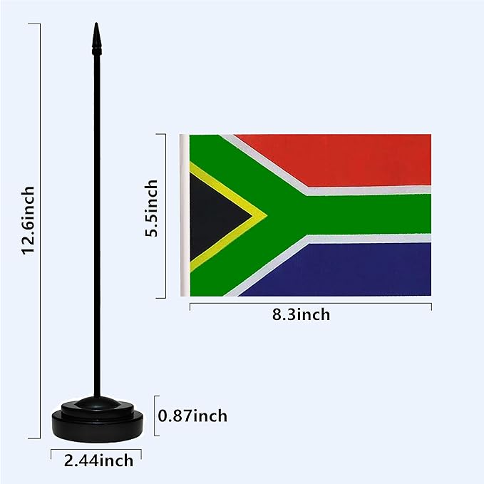 South Africa South African Deluxe Desk Flag Set Small Mini Miniature South Africa South African Table Desktop Flags With Solid Pole, Black Base and Spear Top(2 Pack)