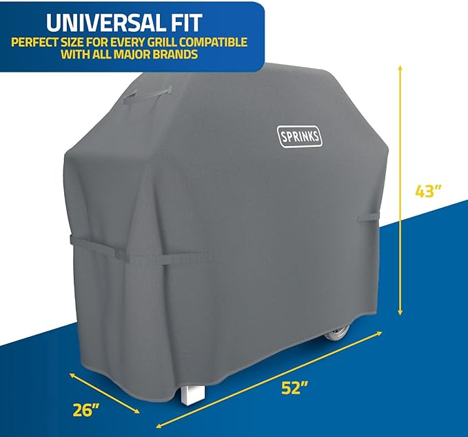 SPRINKS® Grill Cover Weatherproof Grillcover for Weber, Napoleon, Enders - Extra Handles Gas Grill Oxford 600D Fabric [52in x 26in x 43in] - Grey