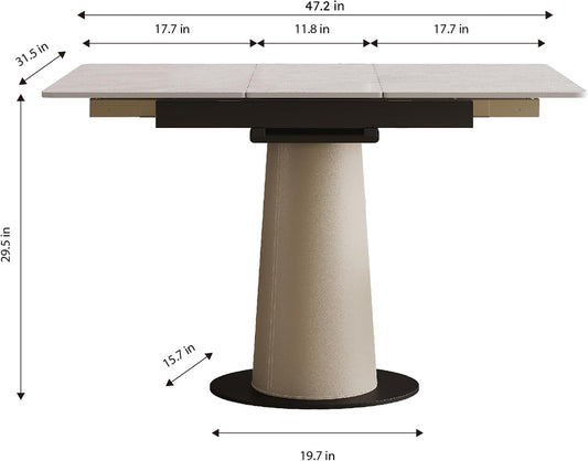47.2" Retractable Rock Slab Folding Dining Table, Modern Expandable Kitchen Table with Leather-Wrapped Stainless Steel Base, Space Saving Square Dining Table for Small Apartments