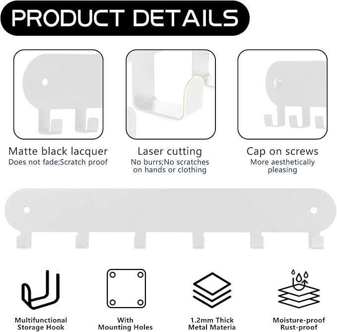 2 Pack Key Holder for Wall,Key Hooks,Key Holder Wall Mount Self Adhesive, Key Hooks for Wall Key Rack Wall Mount for No Drill for Living Room, Kitchen, Bathroom, Garage (White, 6 Hooks)
