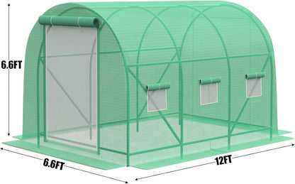 12×7×7 FT Greenhouses for Outdoors Heavy Duty, Large Walk in Green Houses for Outside with 6 Ventilated Mesh Windows & Roll-up Door & Reinforced Frame