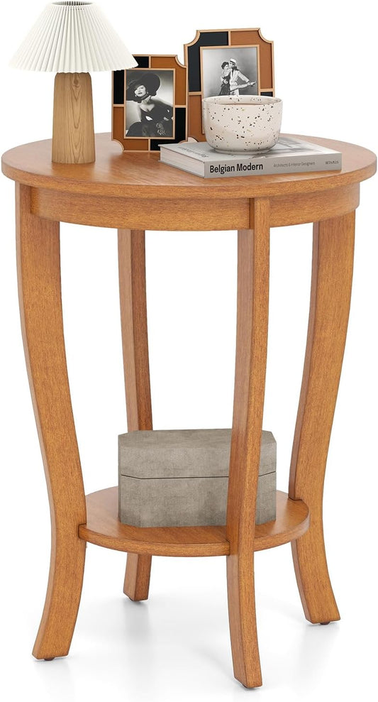 GOFLAME 2-Tier Round End Table, 18” Sofa Side Table with Storage Shelf, Floor Tea Table with Solid Wood Legs, Compact Nightstand for Small Space, Living Room, Bedroom, Light Brown