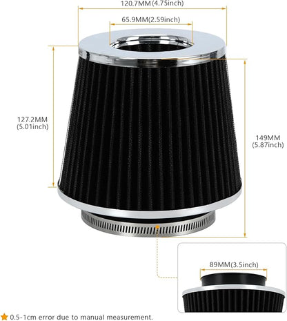 PTNHZ Universal Black 3.5" 89mm High Flow Cold Air Intake Cone Air Filter Power Intake Air Inlet System Air Cleaner