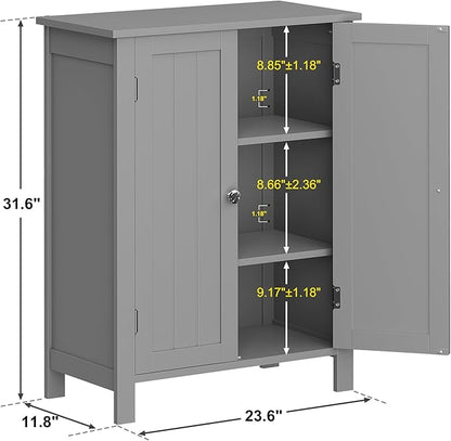 ZENY Bathroom Floor Storage Cabinet with Double Door + Adjustable Shelf, Wooden Organizer Cabinet for Living Room, Bathroom, Bedroom, Modern Home Furniture (Gray)
