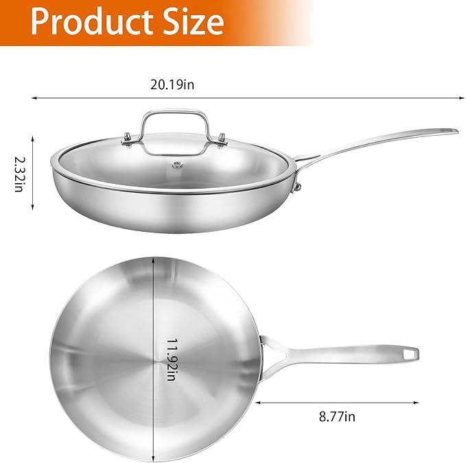 DELARLO Whole Body Tri-Ply Stainless Steel 12 Inch Frying Pan With Lid, kitchen large Skillet Suitable for All Stove Up to 600℉, 18/10 Cookware