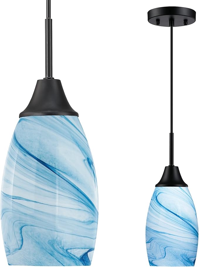 Mini Glass Pendant Light 4.72" with Handblown Blue Marble Art Glass Hanging Light 1-Pack Oval Ceiling Hanging Light Fixture for Dining Room Kitchen Island Cafe Foyer Hallway