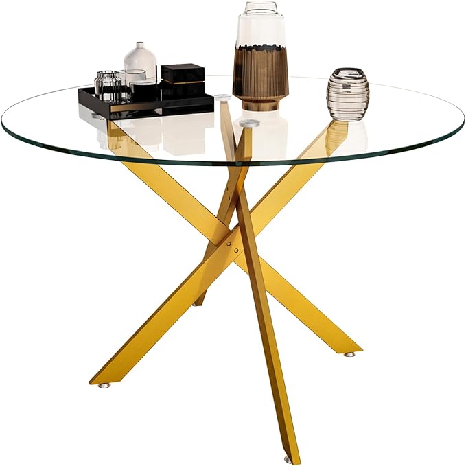 47.24" Round Glass Dining Table Modern Kitchen Glass Top Table for 6 with Gold Metal Legs, Clear Dining Table Kitchen Table for Home Office Dining Room