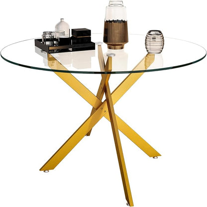 47.24" Round Glass Dining Table Modern Kitchen Glass Top Table for 6 with Gold Metal Legs, Clear Dining Table Kitchen Table for Home Office Dining Room