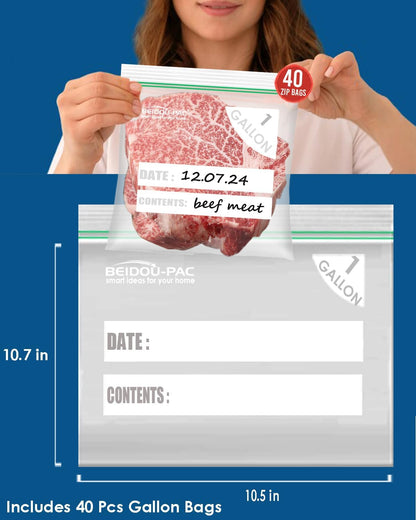 Gallon Food Storage Freezer Bags, 250 Count | Double Zipper | 10.5" * 10.7", Freshness Easy Open Reclosable Clear Plastic Bags