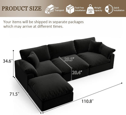 Modular Sectional Sofa Cloud Couch,Down Filled Comfy Cloud Modern Sofa,Black Linen L Shape Oversized Couch Cushion Covers Removable Furniture for Living Room