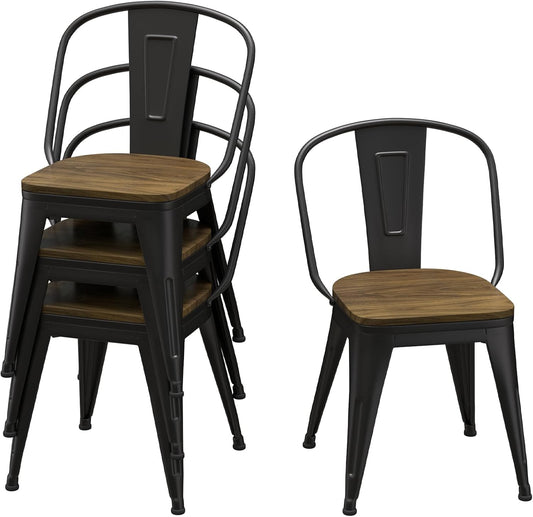 18 Inch Dining Chairs Set of 4, Farmhouse Metal Chairs with High Back and Wooden Seat, Stackable Industrial Bar stools for Dining Room(Black)