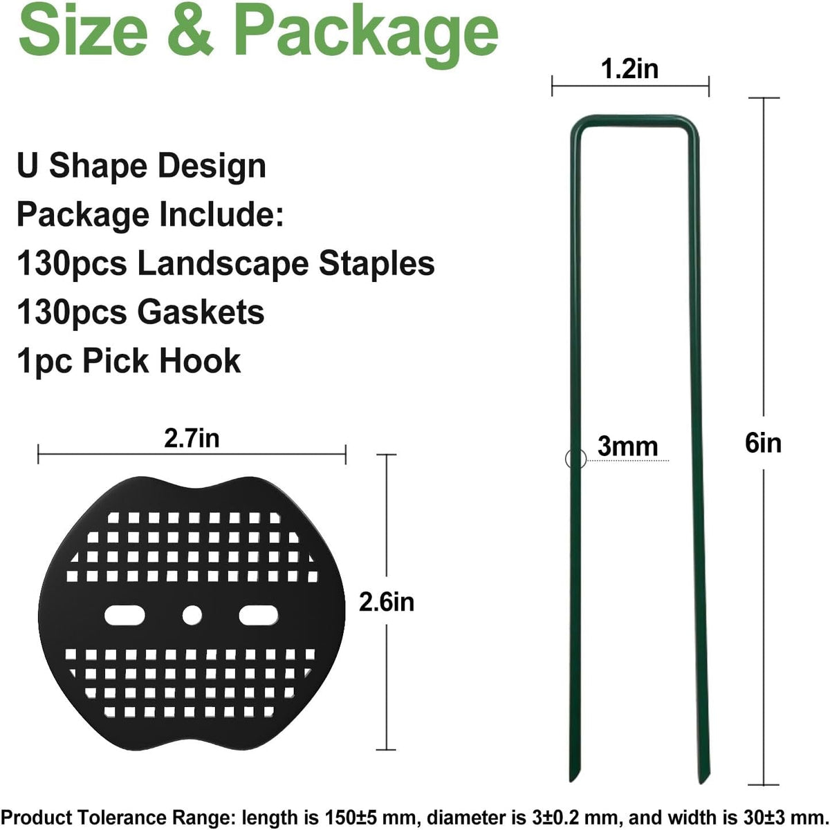 FOTMISHU Landscape Staples 6Inch 130Pcs Garden Stakes + 130pcs Gasket, Lawn Pins with Spray Coating Craft,11Gauge Anti-Rust Ground Yard Spikes Anchoring for Outdoor Tents Irrigation Hoses (Green)
