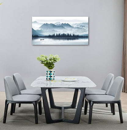 arteWOODS Indigo Canvas Wall Art Misty Mountain Wall Pictures Foggy Lake Boat Canvas Painting Blue Forest Birds Canvas Wall Decor for Living Room Wall Decorations Framed Ready to Hang 29" x 58"