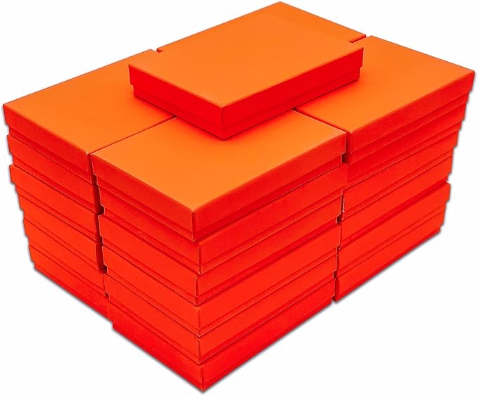 TheDisplayGuys - 25-Pack #53 Kraft Paper Cardboard Gift Boxes/Jewelry Cases w. Cotton Padding & Lid - Neon Orange - (5.4" x 3.9" x 1.0")