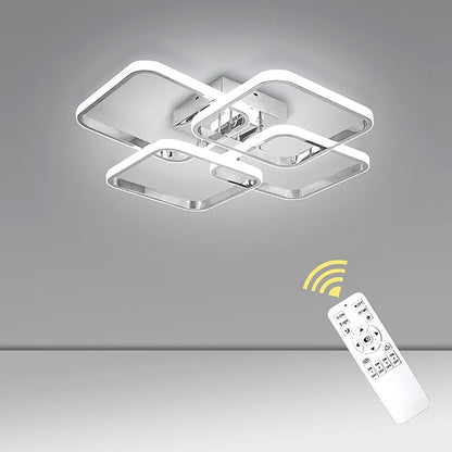 Dimmable Modern Led Ceiling Light, 4 Rings Square Ceiling Lamp with Remote Control, 48W Chrome Acrylic Ceiling Lighting Fixture for Living Room Dining Room Kitchen Office Lamps