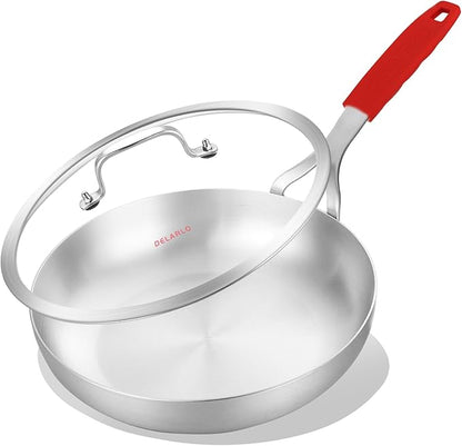 DELARLO 10inch Tri-Ply Stainless Steel Pan with lid, Induction Stainless Steel Frying Pan With Lid, Oven Safe Skillet 10in, Heat quickly and evenly, Durable Stainless Steel Cookware