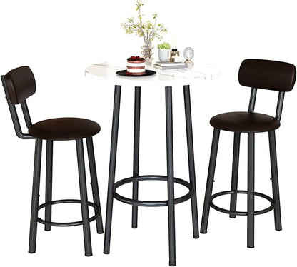 Dining Table Set, 23.6" Round Faux Marble Table with 2 PU Upholstered Backrest Chairs, 3-Piece Kitchen Dining Room Set for Small Spaces, Kitchen, Restaurant Furniture, White