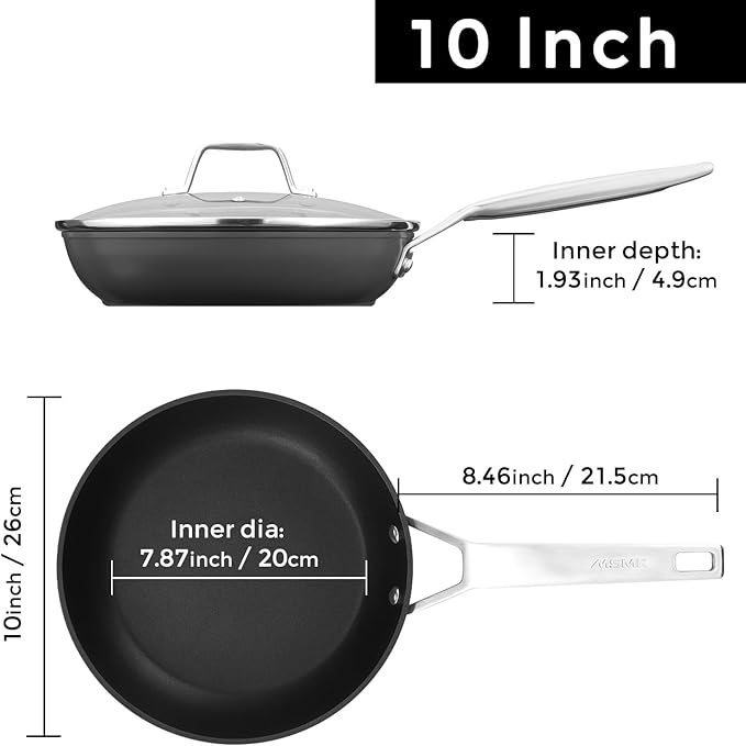 MsMk 10 Inch Frying Pan Nonstick with Lid, Induction Fry Pan with Lid, Titanium and Diamond Non Stick Coating From USA, for Induction, Ceramic and Gas Cooktops, Oven Safe 10 Inch Skillet Nonstick