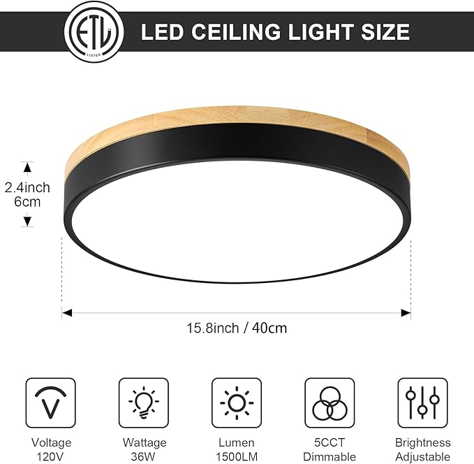 Dimmable Wood LED Ceiling Light Fixture, Black Round Low Profile Flush Mount Ceiling Lighting, Modern 5CCT 2700K-6000K Ceiling Lamp for Living Room Hallway Kitchen Bedroom, 15.8in