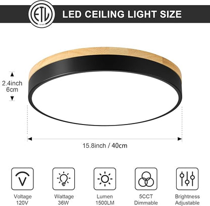 Dimmable Wood LED Ceiling Light Fixture, Black Round Low Profile Flush Mount Ceiling Lighting, Modern 5CCT 2700K-6000K Ceiling Lamp for Living Room Hallway Kitchen Bedroom, 15.8in