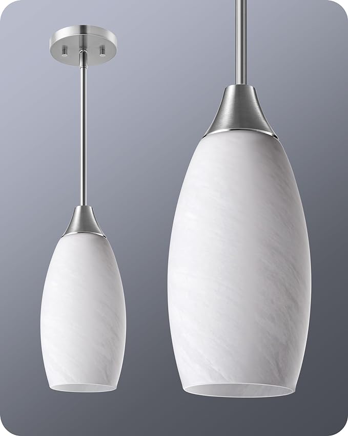 EDISHINE Pendant Light Fixture, Handcrafted Art Glass Hanging Light, Hardwired Ceiling Light, White Marble Glass Shade, Adjustable Brushed Nickel Rods, E26 Base, Pendant Lamp for Kitchen Bathroom Bar