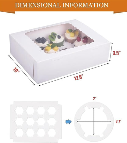 26-Set Cupcake Boxes Hold 12 Standard Cupcakes, Food Grade Cupcake Holders Bakery Carrier Boxes with Windows and Inserts for Cupcakes, Muffins and Pastries (White-26 Pack)