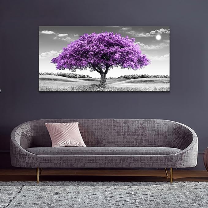 Canvas Wall Art for Living Room Large Wall Decor for Office Modern Bedroom Decorations Purple Tree Landscape Pictures Black and White Paintings Artwork Room Wall Mural Farmhouse Home Decor