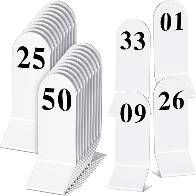 Remerry 50 Pcs Table Numbers 1-50 Acrylic Double Sided Number Cards Acrylic Tent Table Holders Tent Cards Wedding for Restaurant, 2.36 x 6.3 Inch (White)
