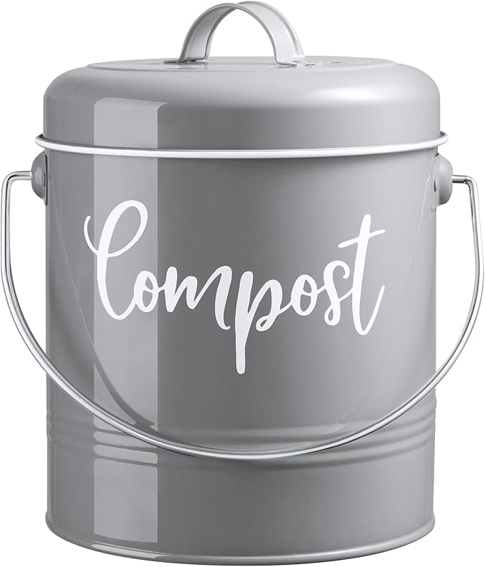 Gray Compost Bin Kitchen, 1.3 Gallon Farmhouse Kitchen Compost Bin Countertop with Lid and Charcoal Filters, Indoor Compost Bucket for Decor and Accessories