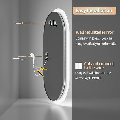 LUVODI Lighted LED Bathroom Mirror: 40x20IN Oval Anti-Fog Dimmable Wall Mounted Makeup Mirror with Backlit - Illuminated 3 Colors Vanity Mirrors with Demister Pad Smart Touch Switch Memory Foam