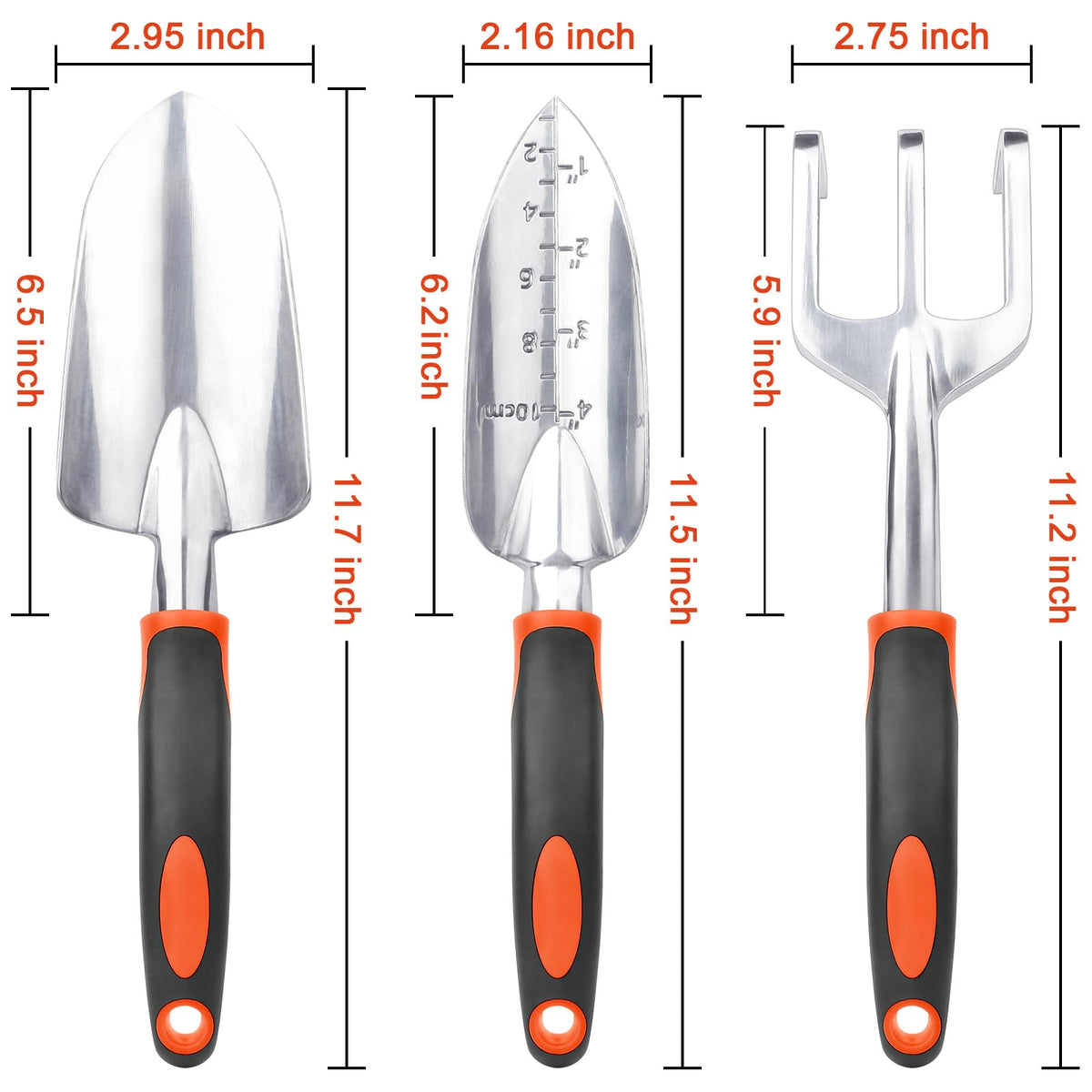 Garden Tools Set, 3 Pack Heavy Duty Gardening Tools Set Include Garden Shovel, Transplant Trowel and Hand Rake with Ergonomic Handle, Aluminum Alloy Lawn for Planting, Orange