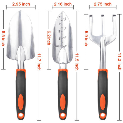 Garden Tools Set, 3 Pack Heavy Duty Gardening Tools Set Include Garden Shovel, Transplant Trowel and Hand Rake with Ergonomic Handle, Aluminum Alloy Lawn for Planting, Orange