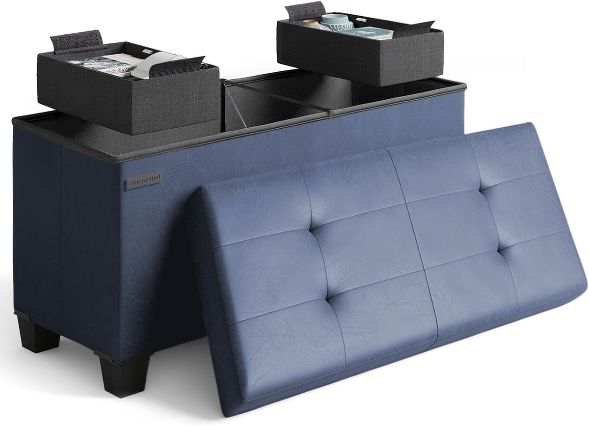 Storage Ottoman Bench with Bins, 30-in Storage Bench for Bedroom End of Bed, Folding Foot Rest Ottoman for Living Room Max 660lbs, Leather Ottomans, Blue