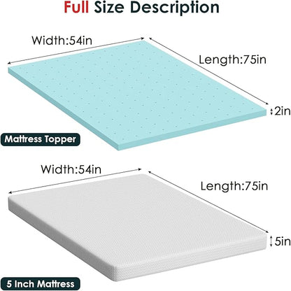 FDW 5 inch Full Mattress Gel Memory Foam Mattress for Cool Sleep,Medium Firm,with 2 Inch Gel Memory Foam Topper Set/,Pressure Relief,CertiPUR-US Certified (Full)