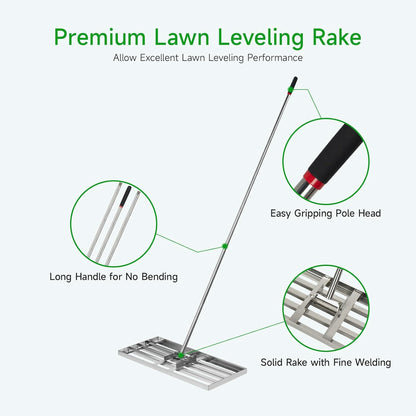 GreatBuddy Lawn Leveling Rake 30'' x 10", Heavy-Duty Stainless Steel Lawn Leveling Tool for Lawn, Soil, Sand, 78'' Extra Long Handle, Ideal for Yard, Garden
