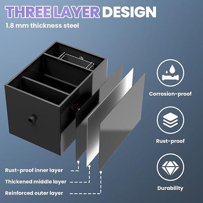 40 LBS Commercial Grease Trap Carbon Steel Interceptor, 15 GPM Flow Rate Under Sink Design, Dual Filter Tube for Restaurant Home Kitchen Food Processing Plant Wastewater Separation