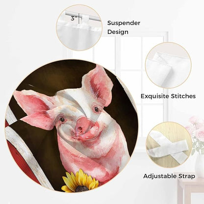 Pigs Sunflowers Kitchen Curtains 24 Inch Length, Small Window Curtains Tab Top, Farmhouse Red Barn Flowers Animals Light Filtering Short Window Treatments Tier Drapes 27.5"x24" 2 Panel