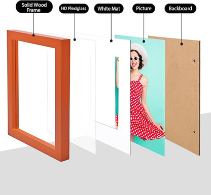 KINLINK 6x8 Picture Frame Orange, Solid Wood Frames with Acrylic Plexiglass for Pictures 4x6 with Mat or 6x8 without Mat, Tabletop and Wall Display Photo Frame, Set of 4