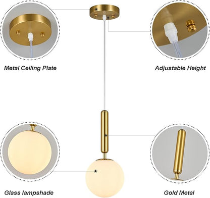 Modern Hanging Light Fixture Pendant Lighting for Kitchen Island Mid Century Gold Pendant Lights with Globe Milky White Glass Pendant Light for Bedroom Bathroom Entryway (2 Pack)