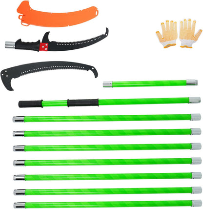 findmall 30ft Manual Pole Saw Extendable Tree Pruner Sharp Steel Blade High Branches Trimming for Pruning Palms and Shrubs with 9 Long Handles No with Scissors Green