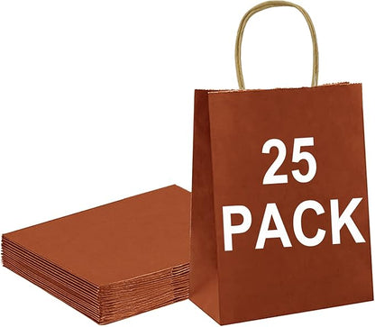 BAG BOX 25 Pack Small 5.9x3.1x8.25 Inch Orange Kraft Paper Gift Bags with Handles for Bulk Shopping, Retail, Craft, Party Favors, Wedding, Grocery & Sacks