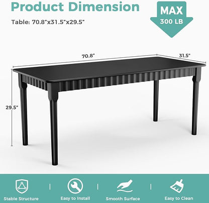 70.8 Inch Solid Wood Dining Table for 6-8, Farmhouse Table with Smooth Surface, Large Rectangular Kitchen Dinner Table for Restaurant, Living Room, Kitchen, Easy Assembly, Black