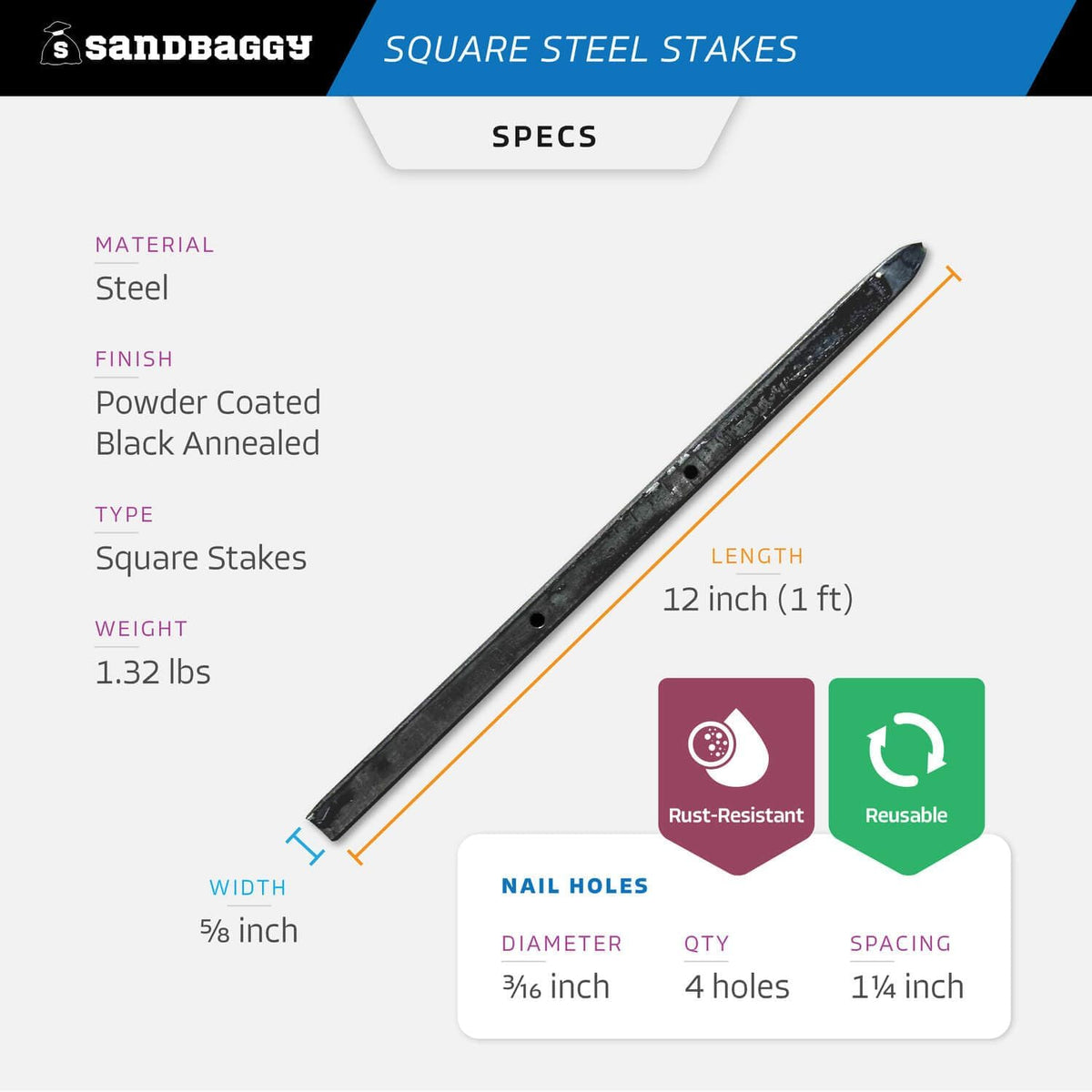 Sandbaggy Square Steel Concrete Form Stakes with Nail Holes - 5/8" Wide - Rust Resistant Coating - Removable, Reusable - Construction Grade Stakes (12 inch, 50)